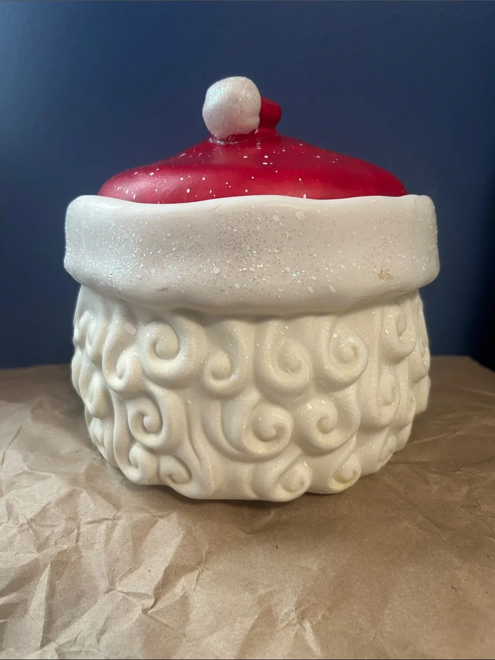 Santa Snacks Christmas Ceramic Cookie Jar with Lid Red and White sparkles.